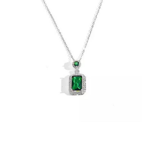 Silver Green Emerald Cut Necklace Pendant