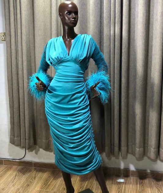 Sea Blue Long Sleeve Maxi Dress With Features