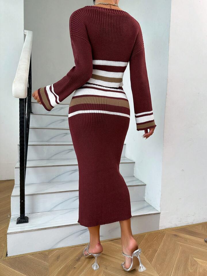 Drop Shoulder Crop Sweater & Knit Skirt