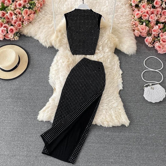 Black Sexy Rhinestone Luxe Party Two Piece Stand-up Collar Crop Tops High Waist Wrap Skirt Set