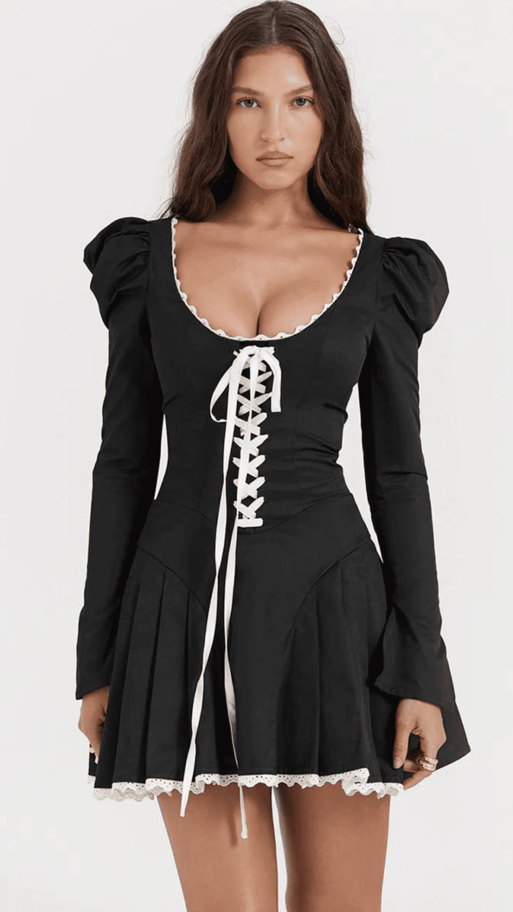 Lace Black Puff Long Sleeve Mini Dress