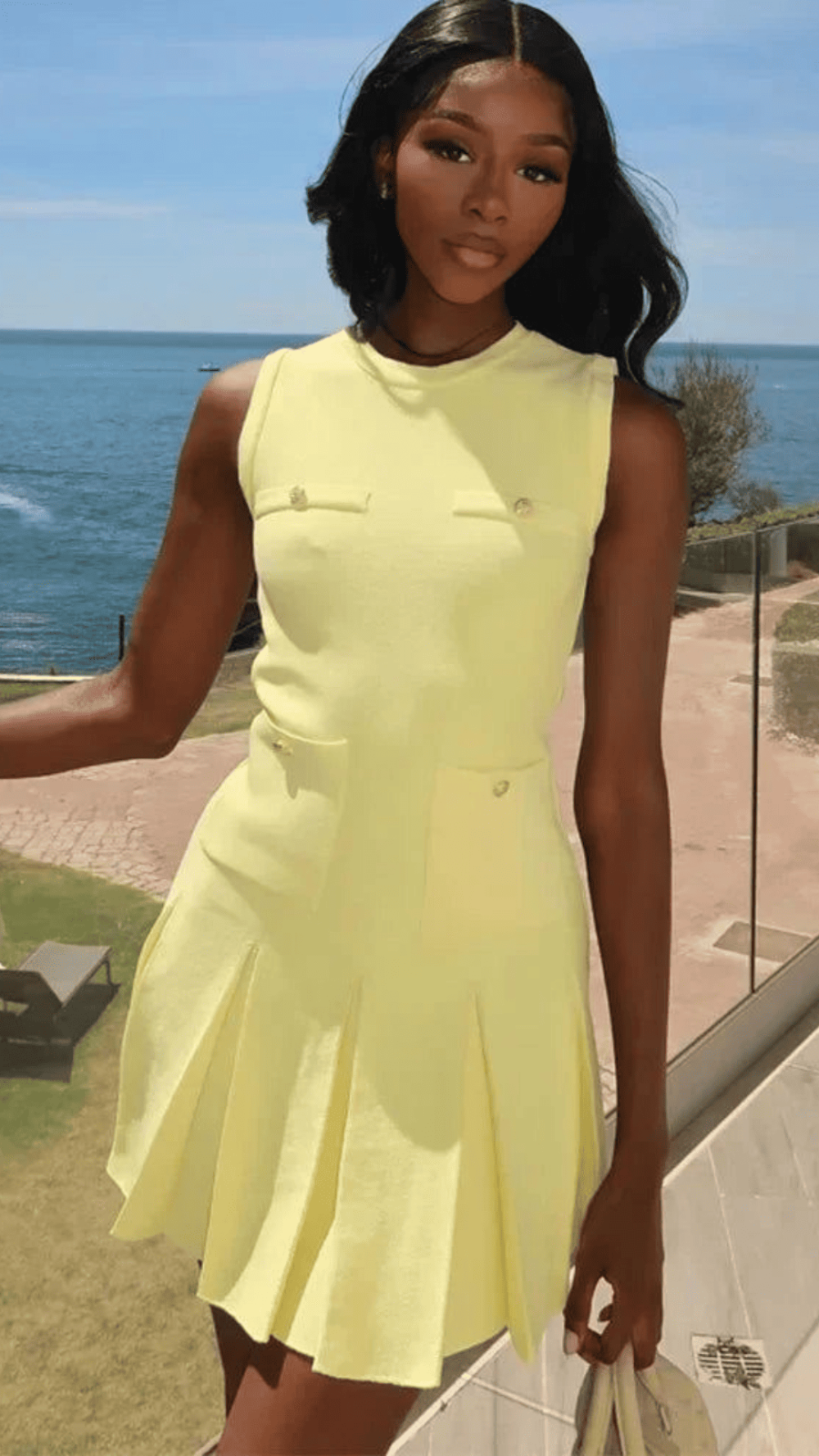 Wide Pleated Button Knit Mini Dress